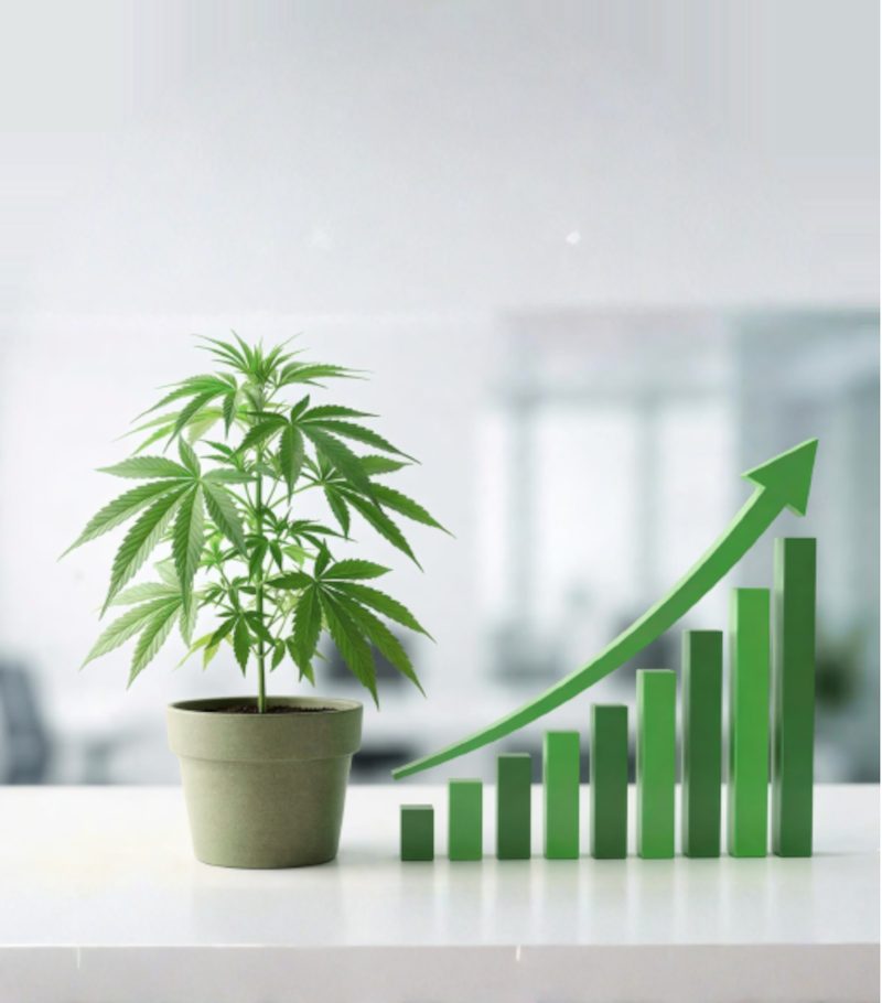 Cannabis plant beside a rising bar chart