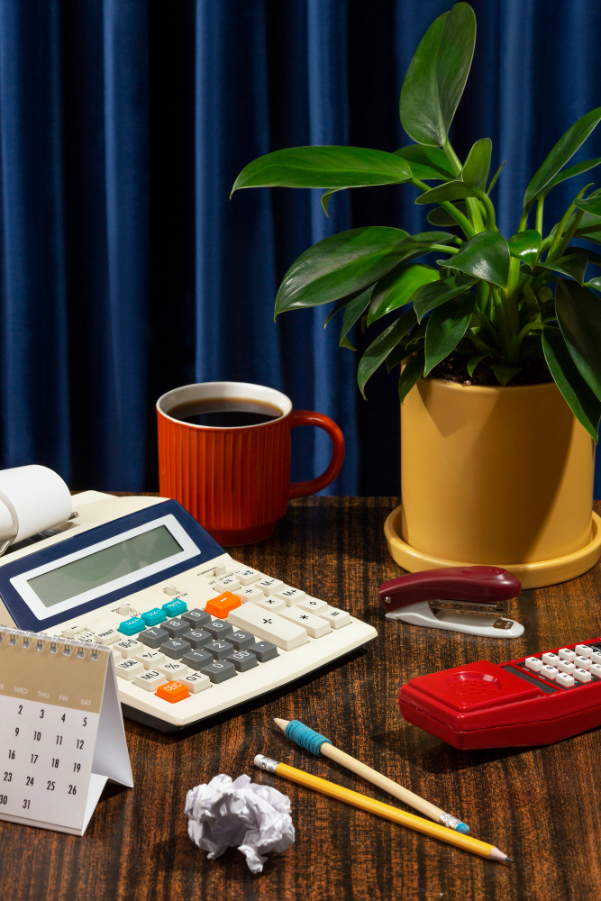 Calculator, calendar and coffee on a desk