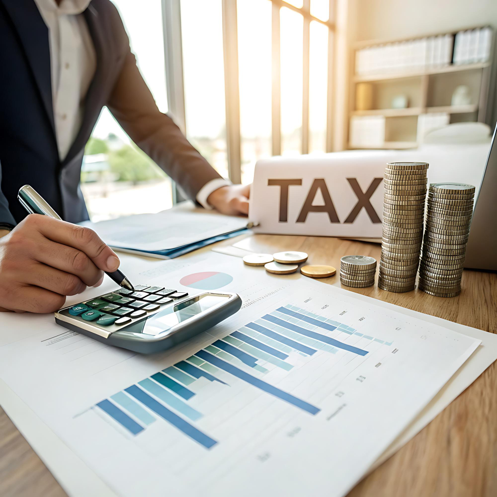 Tax documents and a calculator